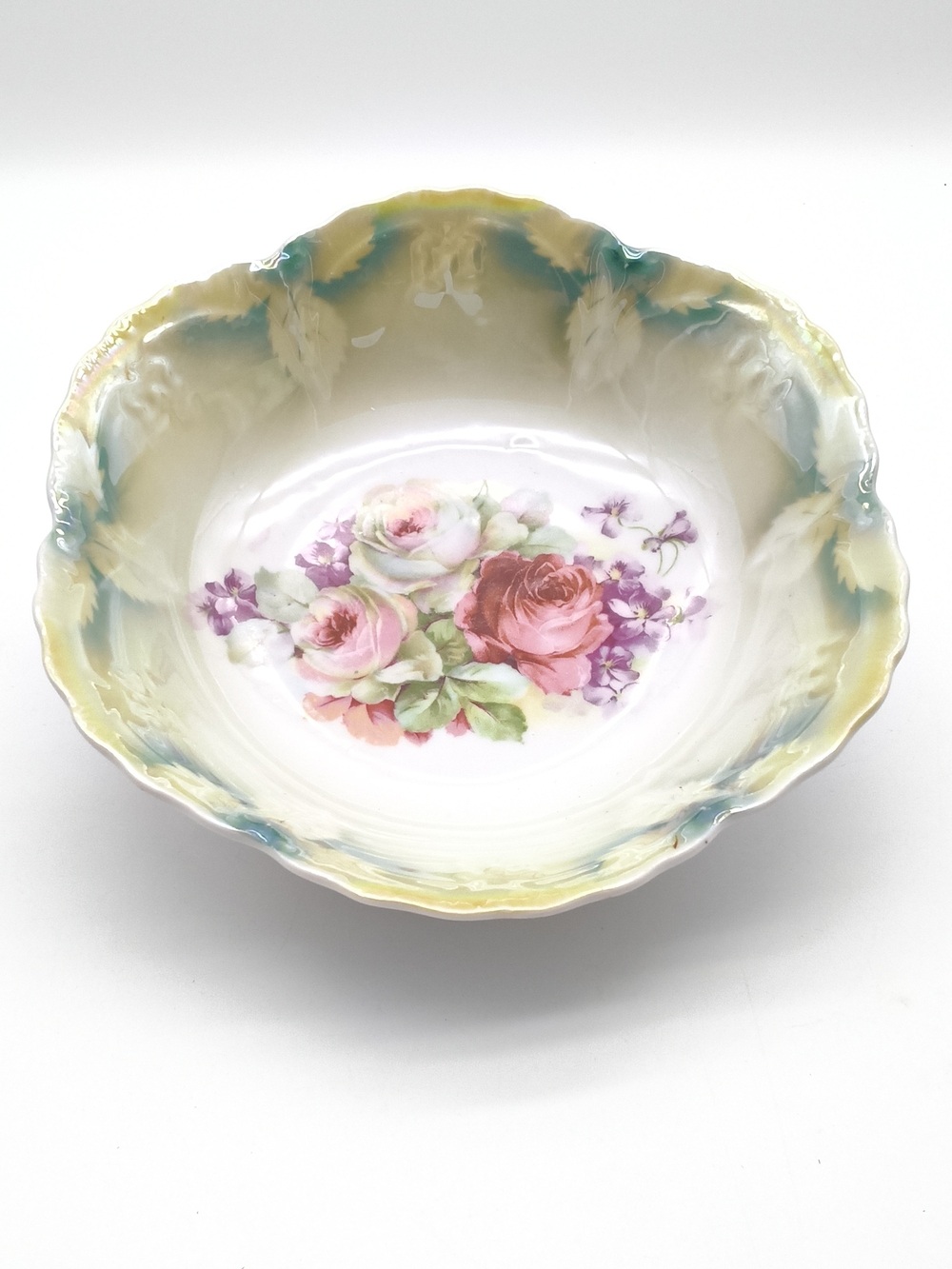 Antique Bavarian Porcelain Bowl Pink Roses Lusterware Scalloped Dish